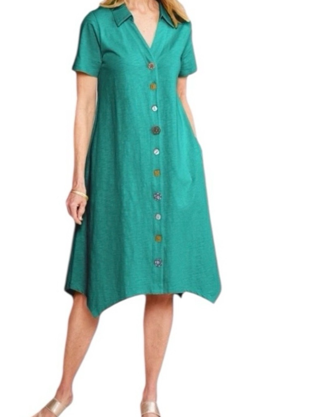 Teal Button-Front Short Sleeve dress